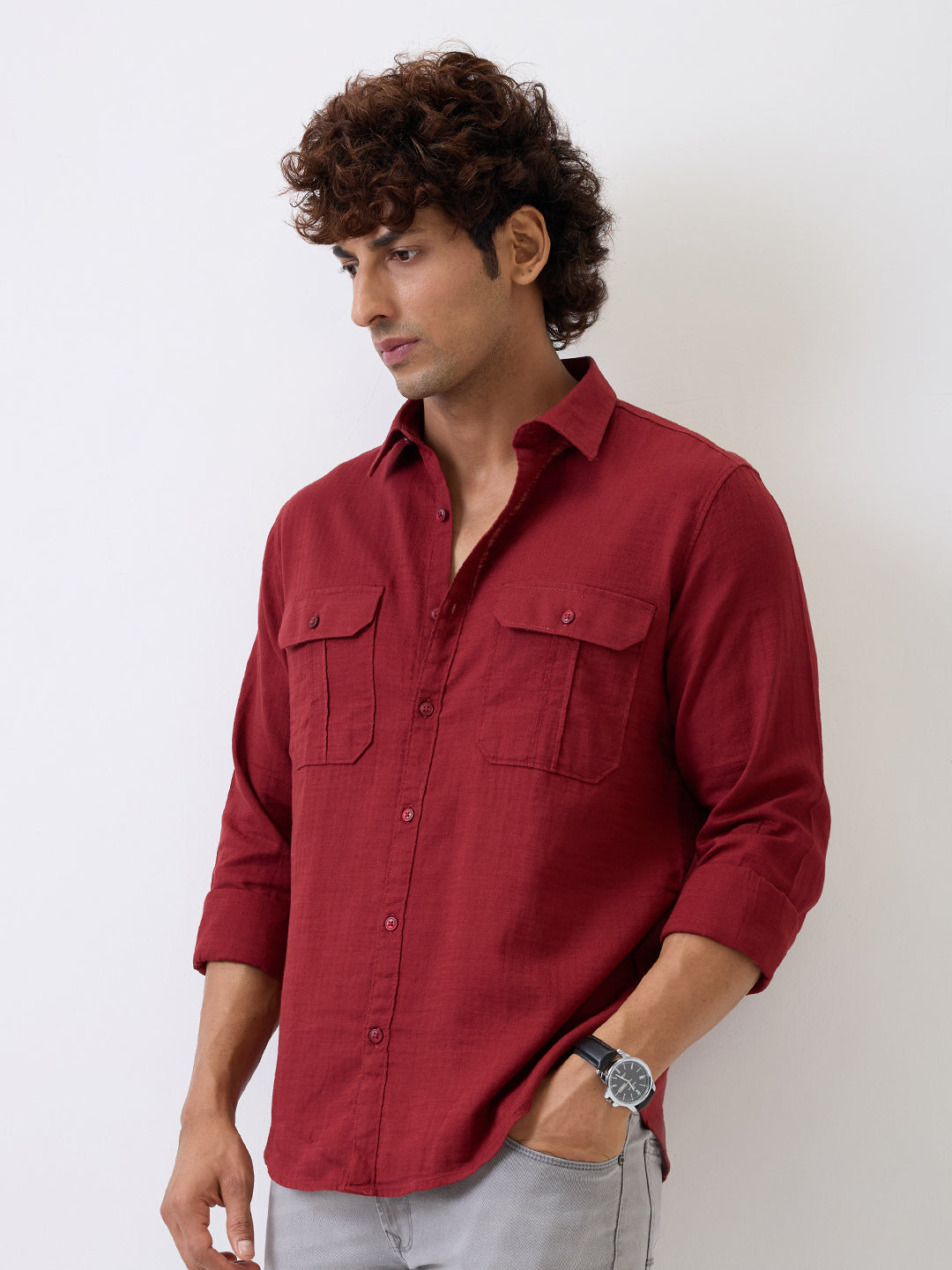 Spykar Red Slim Fit Casual Shirt For Men