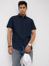 Men Shirt Solid Navy Blue Regular Fit