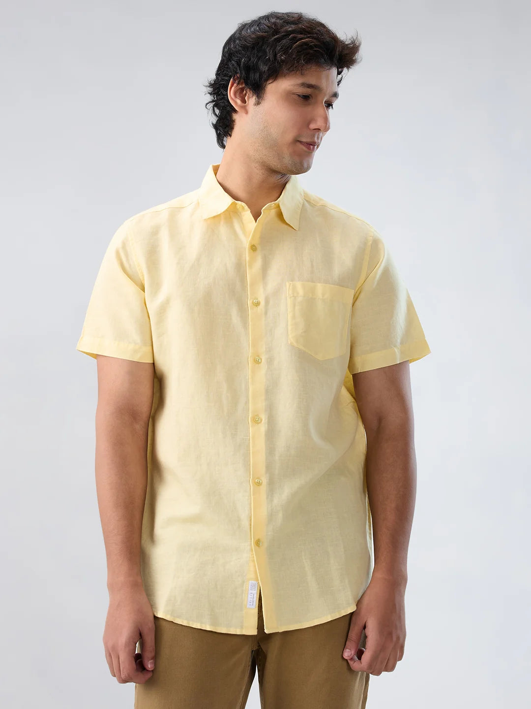 Men Shirt Solid Yellow Regular Fit