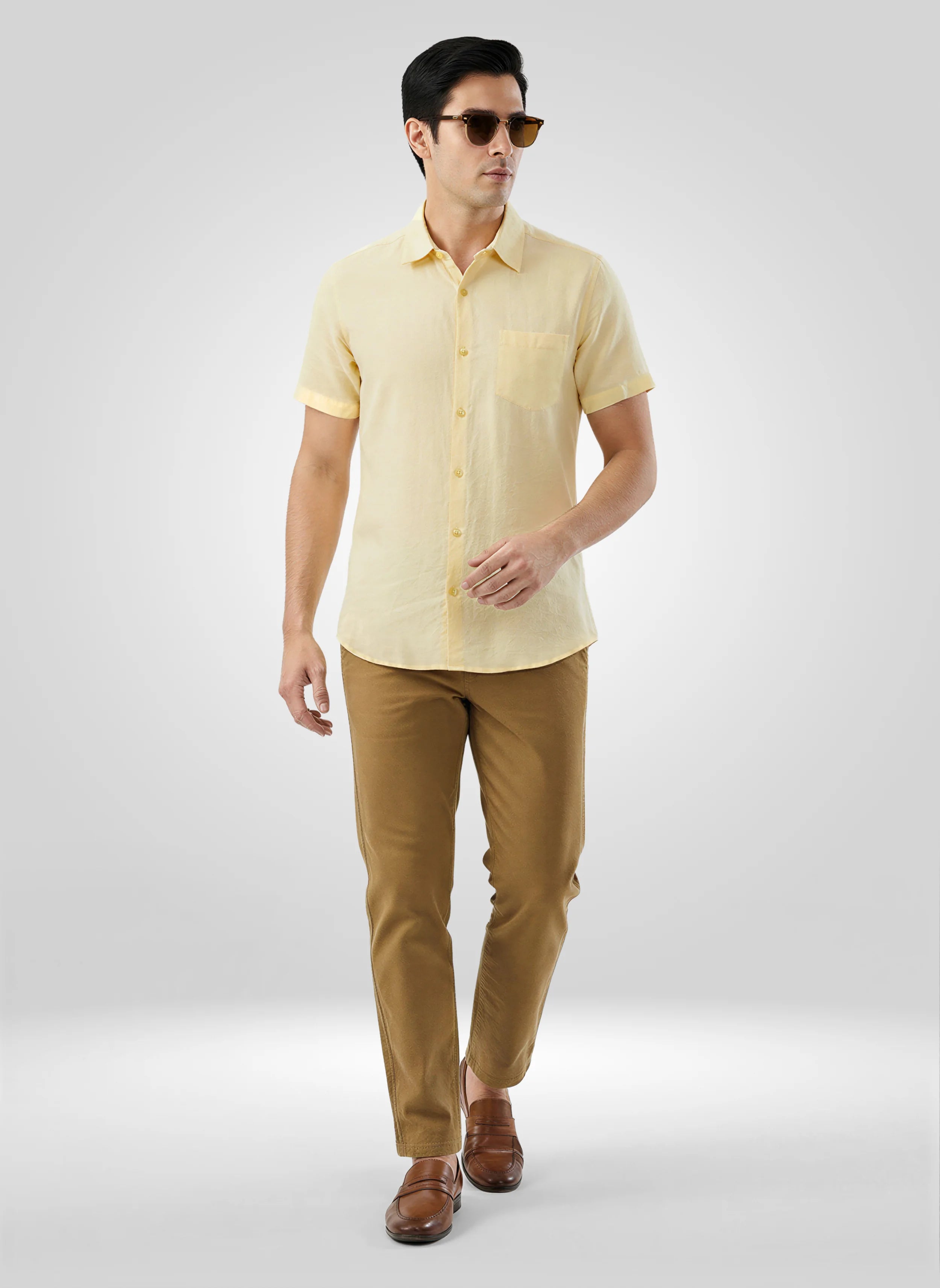 Men Yellow Solid Regular Fit Shirts
