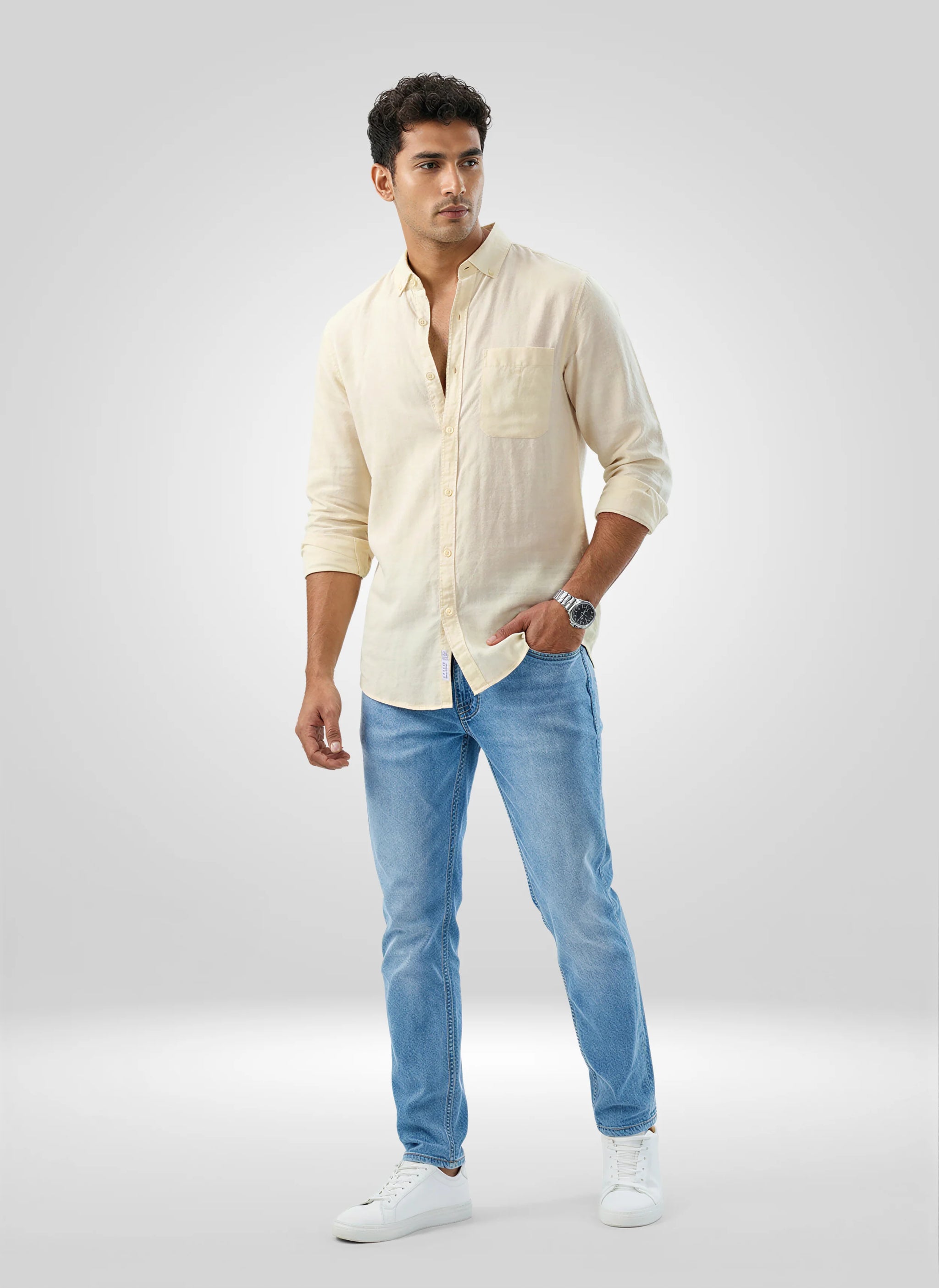 Men Shirt Solid Beige Regular Fit