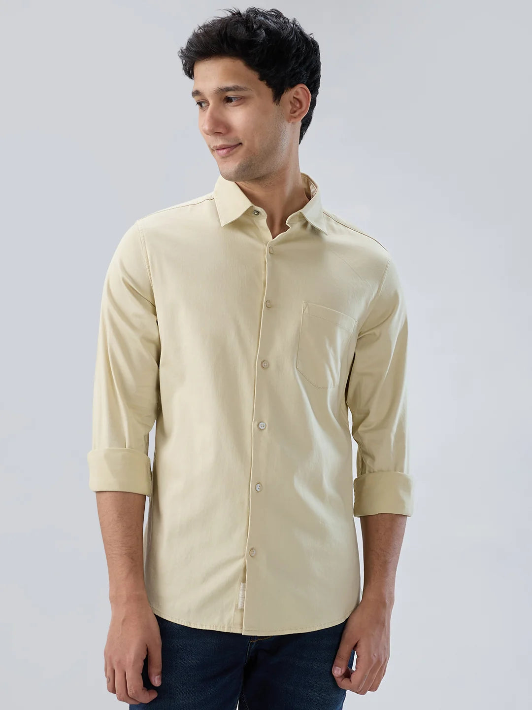 Men Shirt Solid Beige Regular Fit