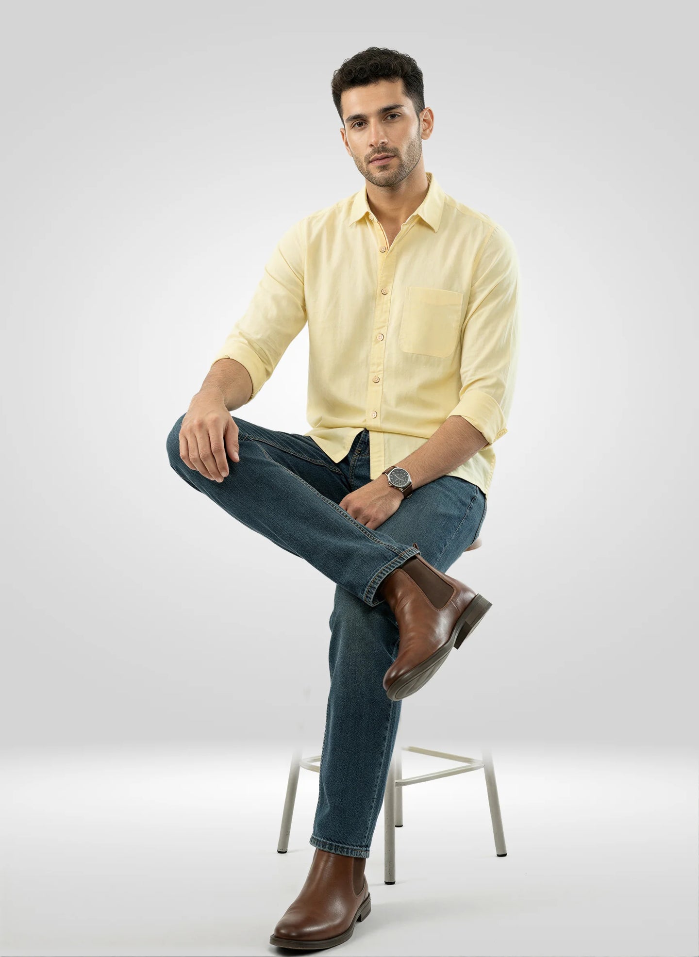 Men Shirt Solid Yellow Regular Fit