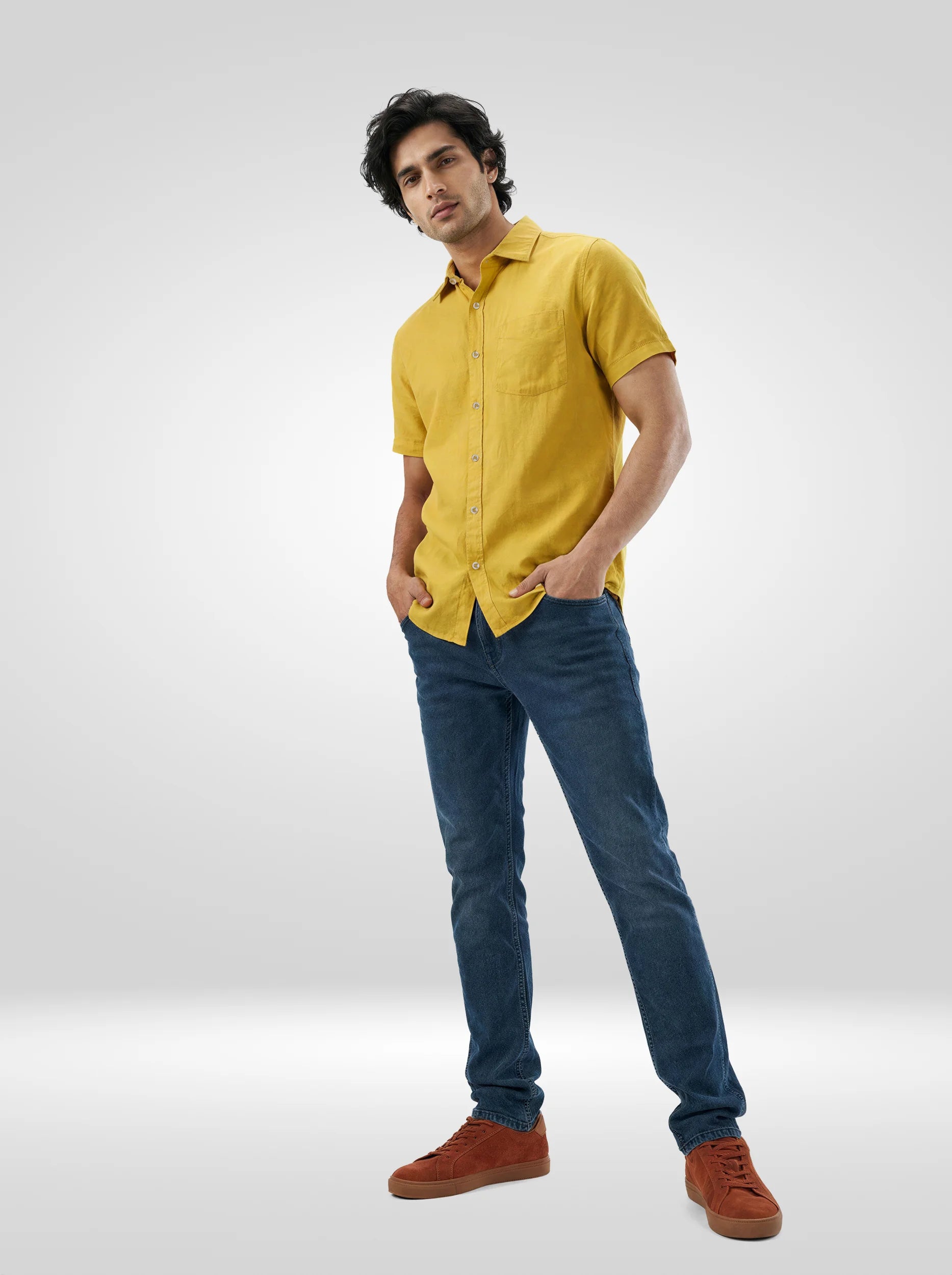Men Shirt Solid Yellow Regular Fit