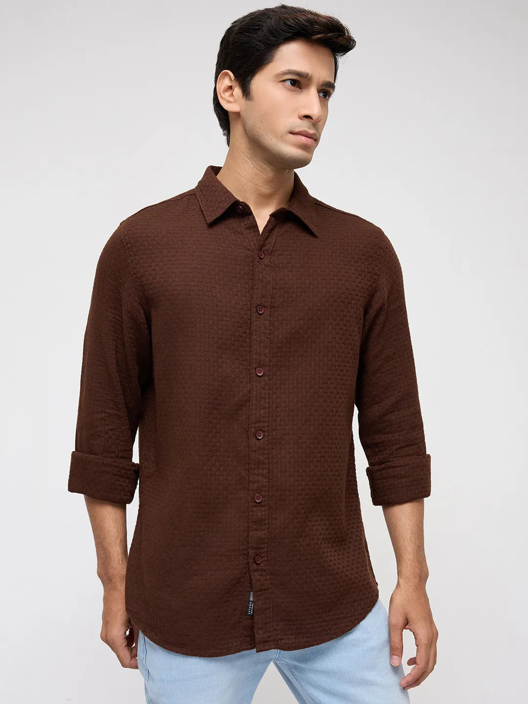 Men Shirt Solid Brown Regular Fit