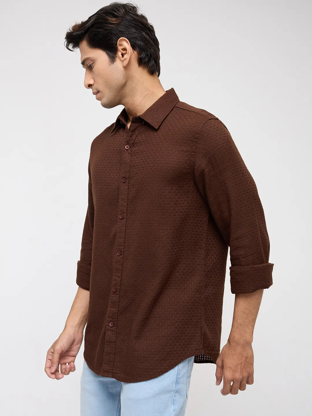Men Shirt Solid Brown Regular Fit