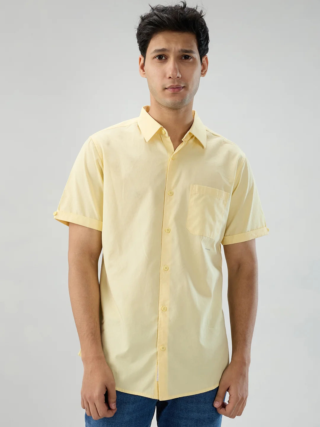 Men Shirt Solid Yellow Regular Fit