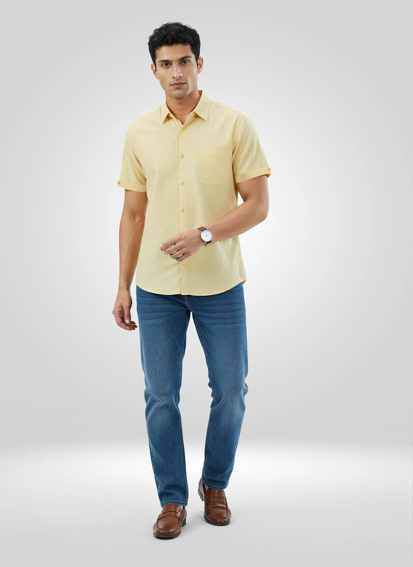 Men Shirt Solid Yellow Regular Fit