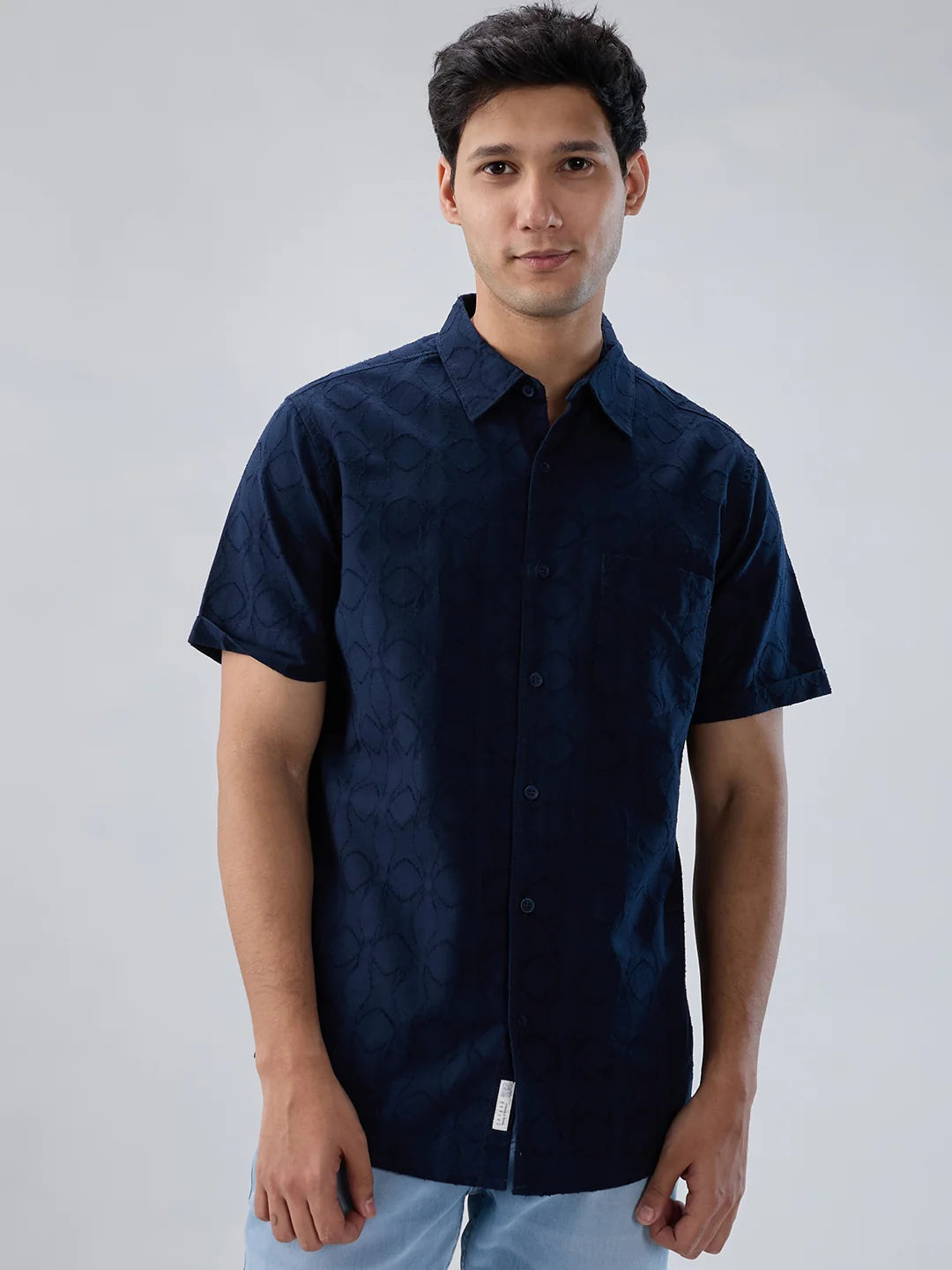 Men Navy Blue Solid Regular Fit Shirts