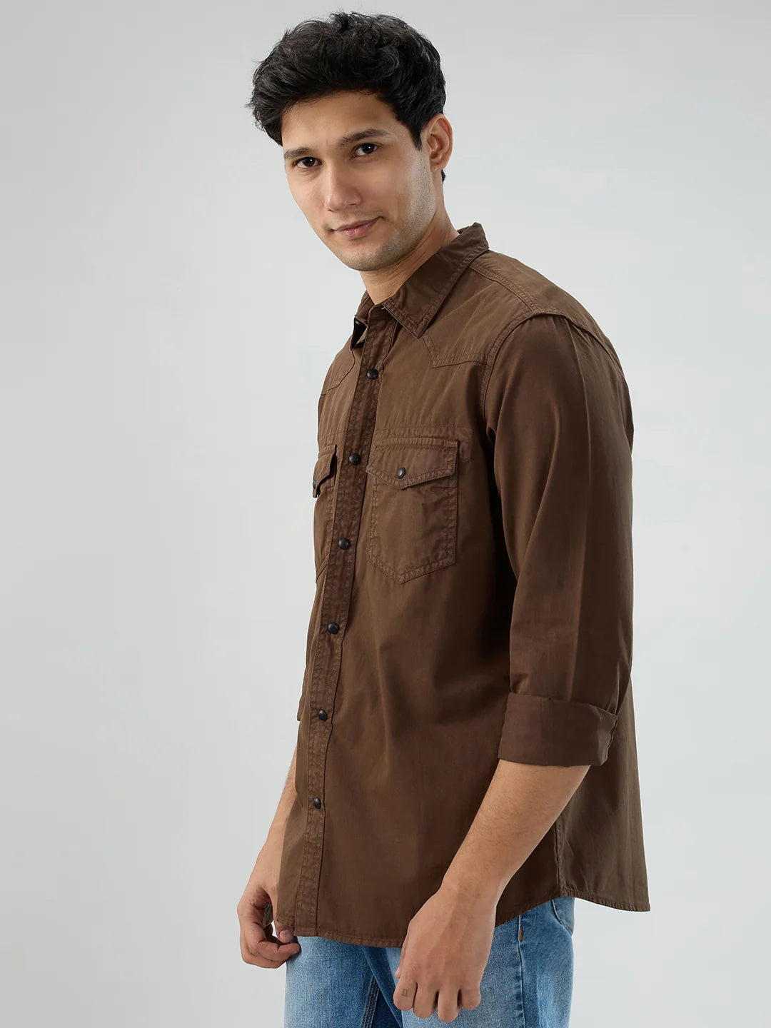 Men Shirt Solid Brown Regular Fit