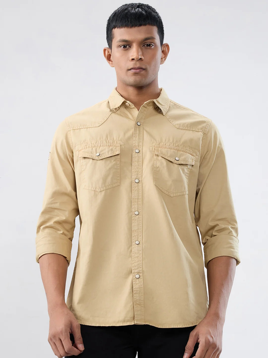 Men Shirt Solid Beige Regular Fit