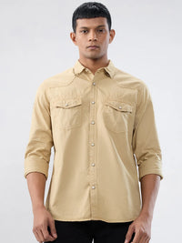 Men Shirt Solid Beige Regular Fit