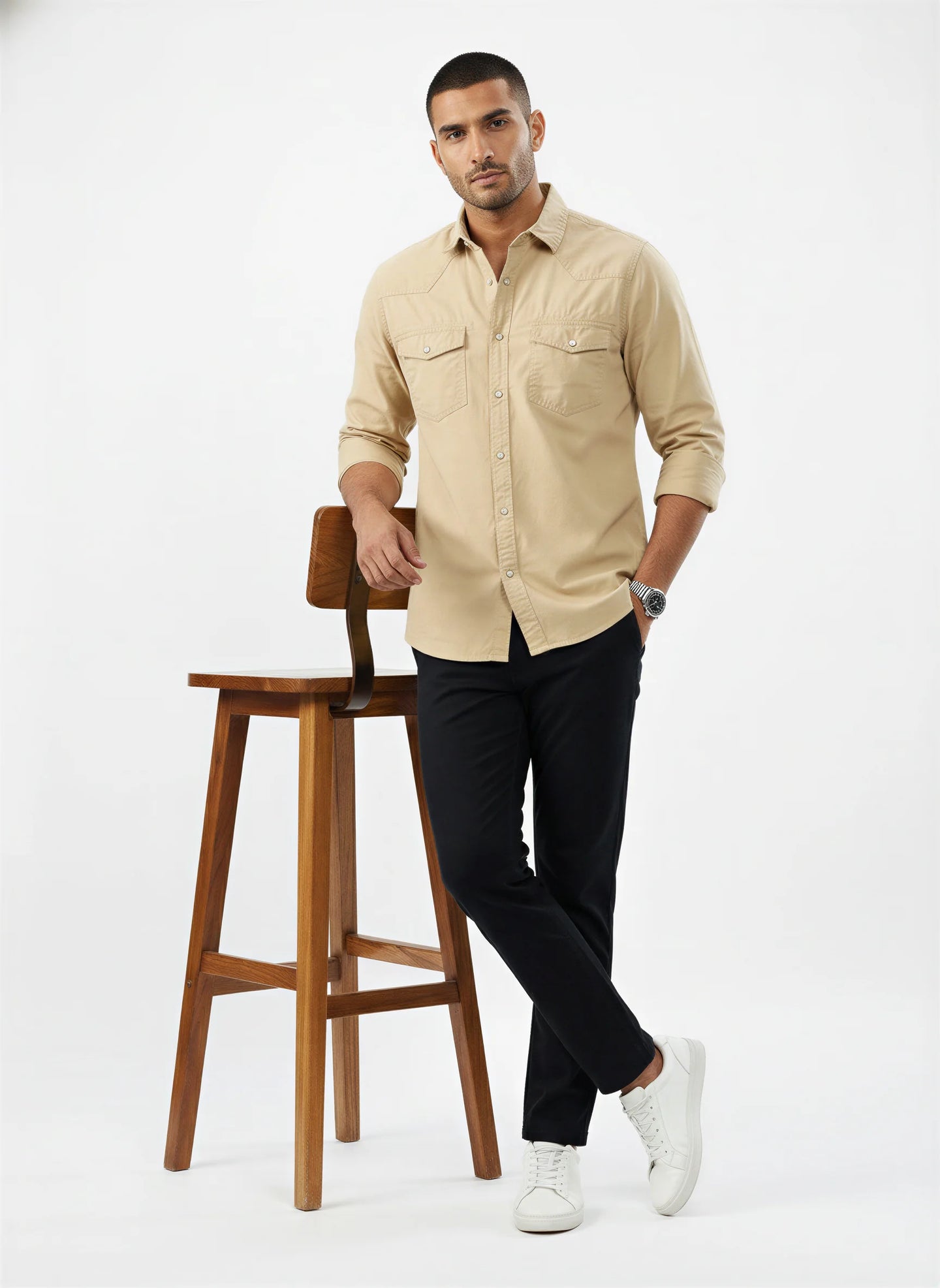 Men Shirt Solid Beige Regular Fit