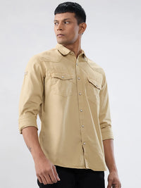 Men Shirt Solid Beige Regular Fit
