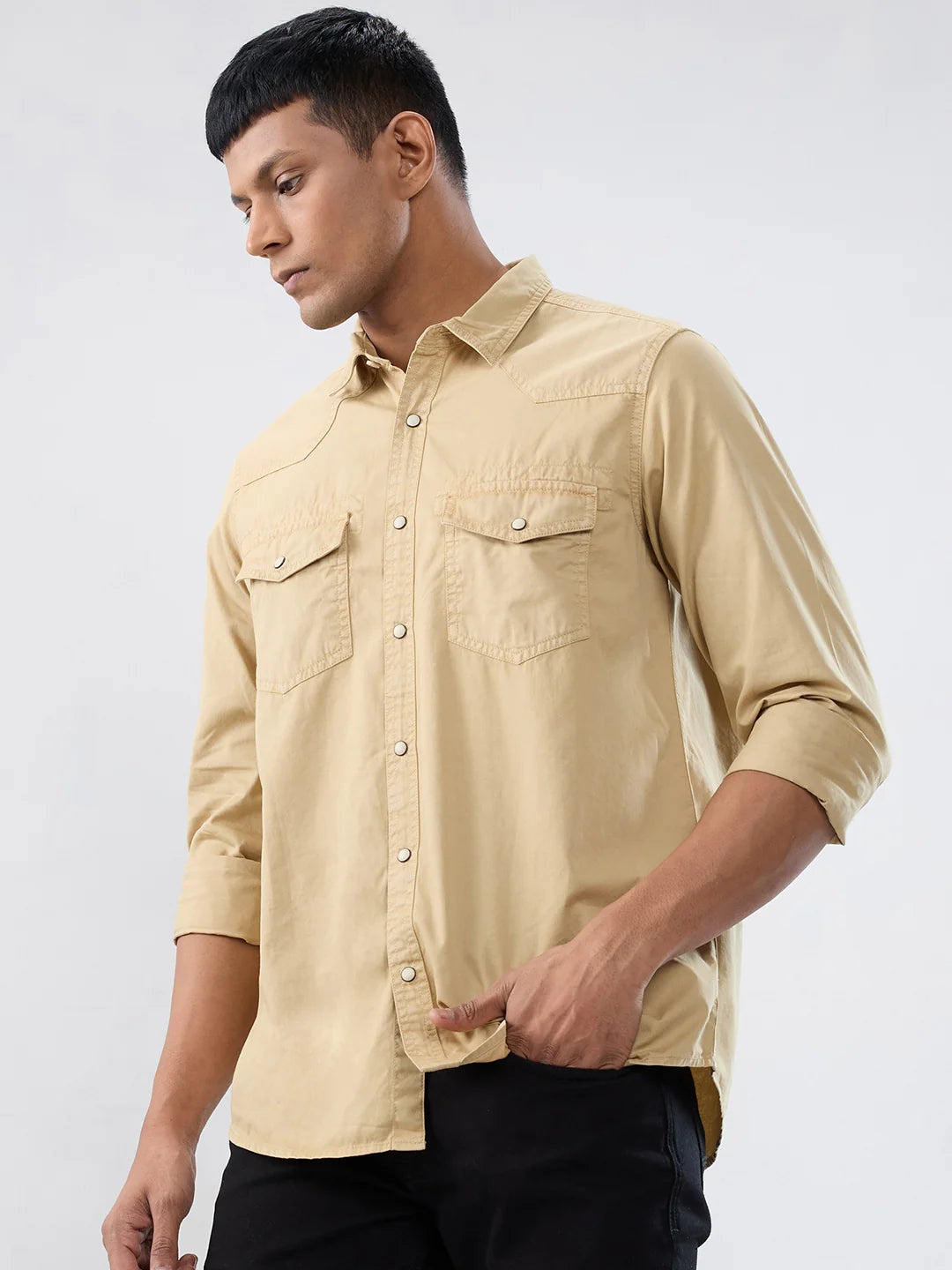 Men Shirt Solid Beige Regular Fit