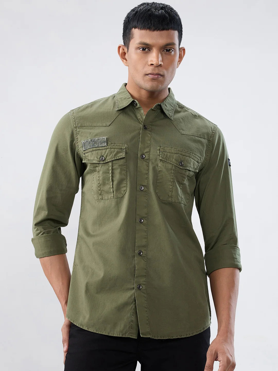 Men Green Solid Regular Fit Shirts