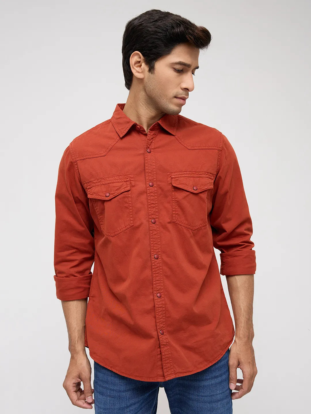 Men Shirt Solid Rust Regular Fit