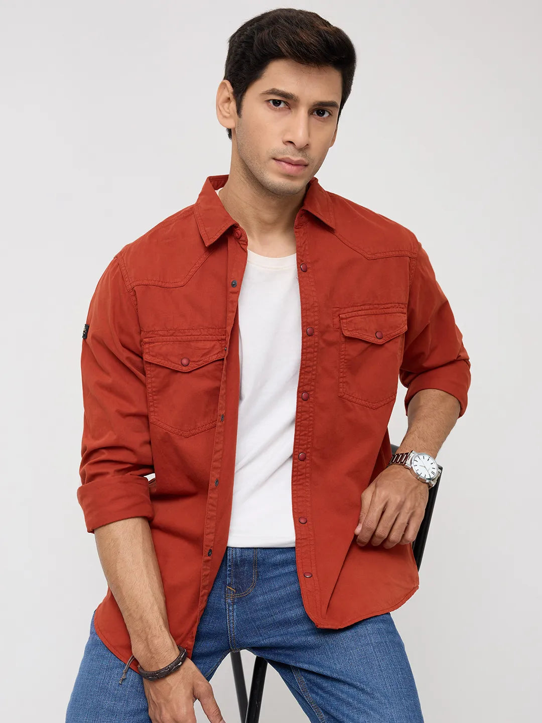 Men Shirt Solid Rust Regular Fit