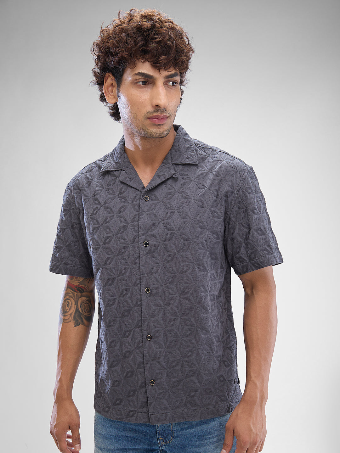 Spykar Charcoal Grey Cotton Half Sleeve Cuban Collar Shirt For Men