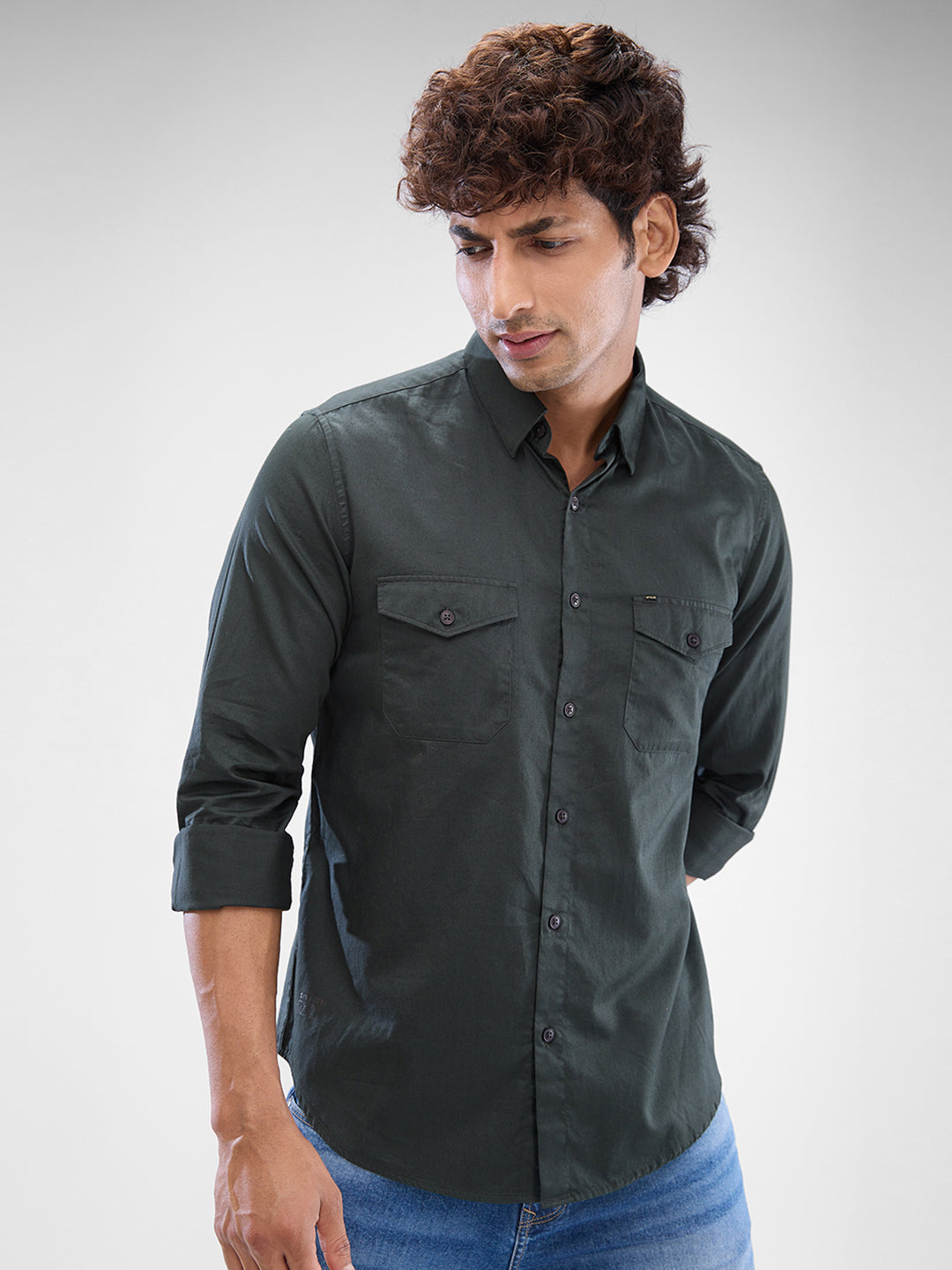 Spykar Cilantro Green Satin Full Sleeve Raised Collar Shirt For Men