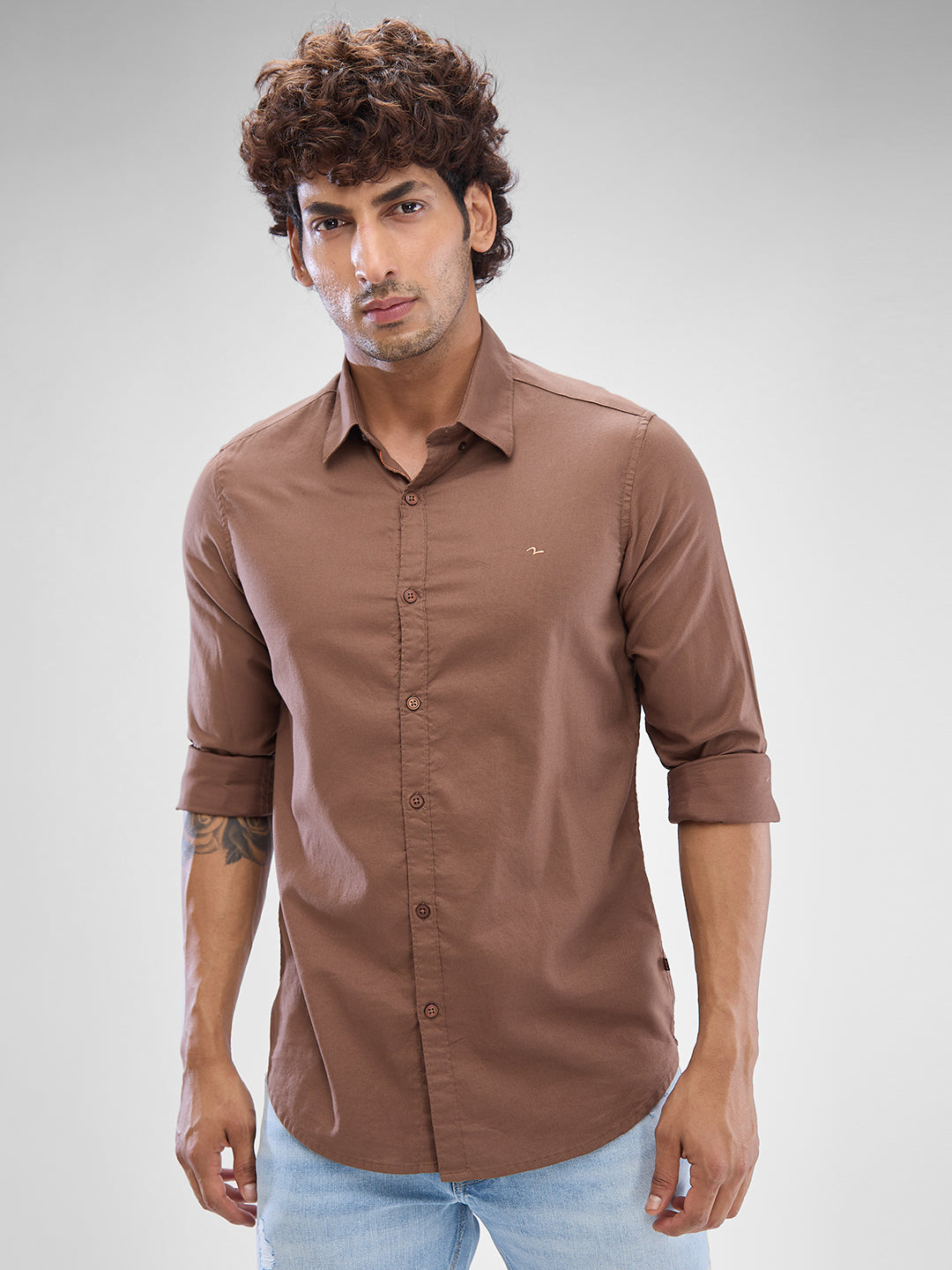 Spykar Bison Brown Cotton Full Sleeve Raised Collar Shirt For Men