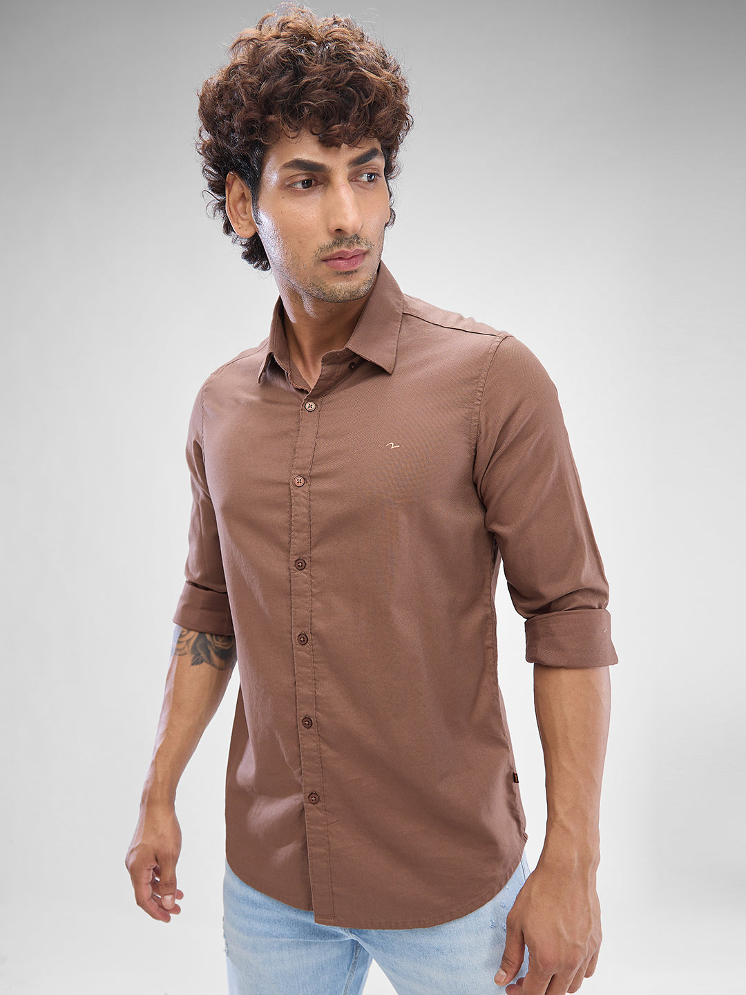 Spykar Bison Brown Cotton Full Sleeve Raised Collar Shirt For Men