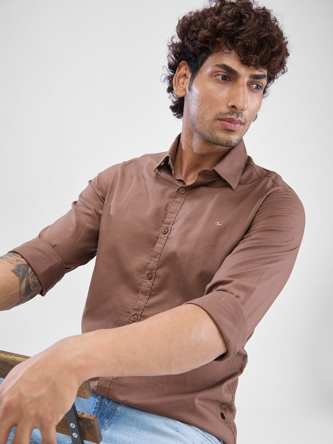 Spykar Bison Brown Cotton Full Sleeve Raised Collar Shirt For Men