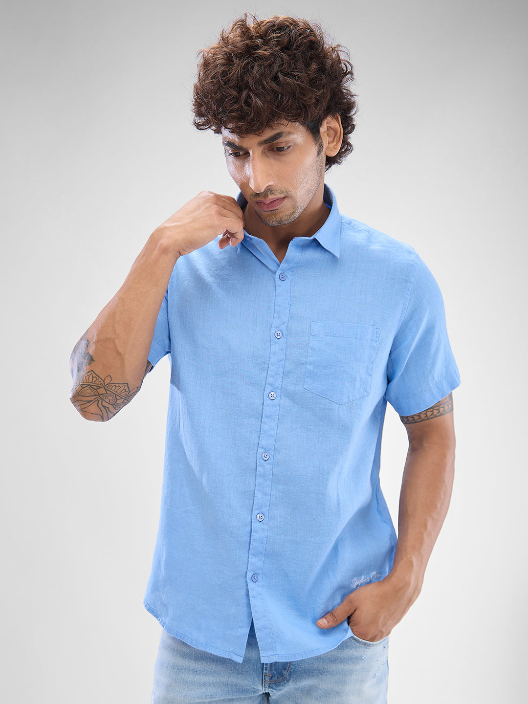 Spykar Air Force Blue Linen Half Sleeve Raised Collar Shirt For Men