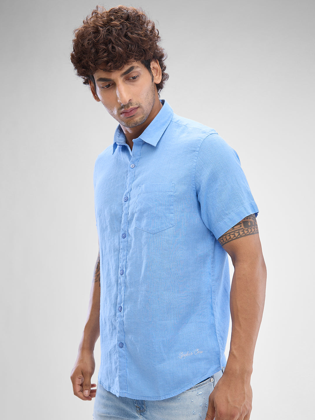 Spykar Air Force Blue Linen Half Sleeve Raised Collar Shirt For Men