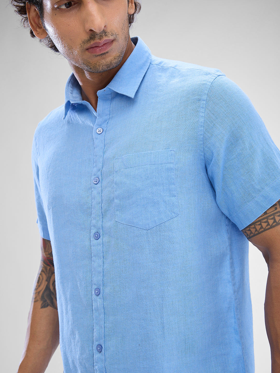 Spykar Air Force Blue Linen Half Sleeve Raised Collar Shirt For Men