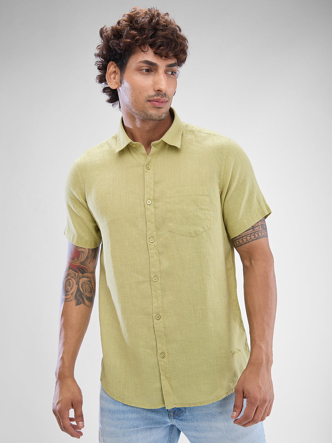 Spykar Beechnut Green Linen Half Sleeve Raised Collar Shirt For Men