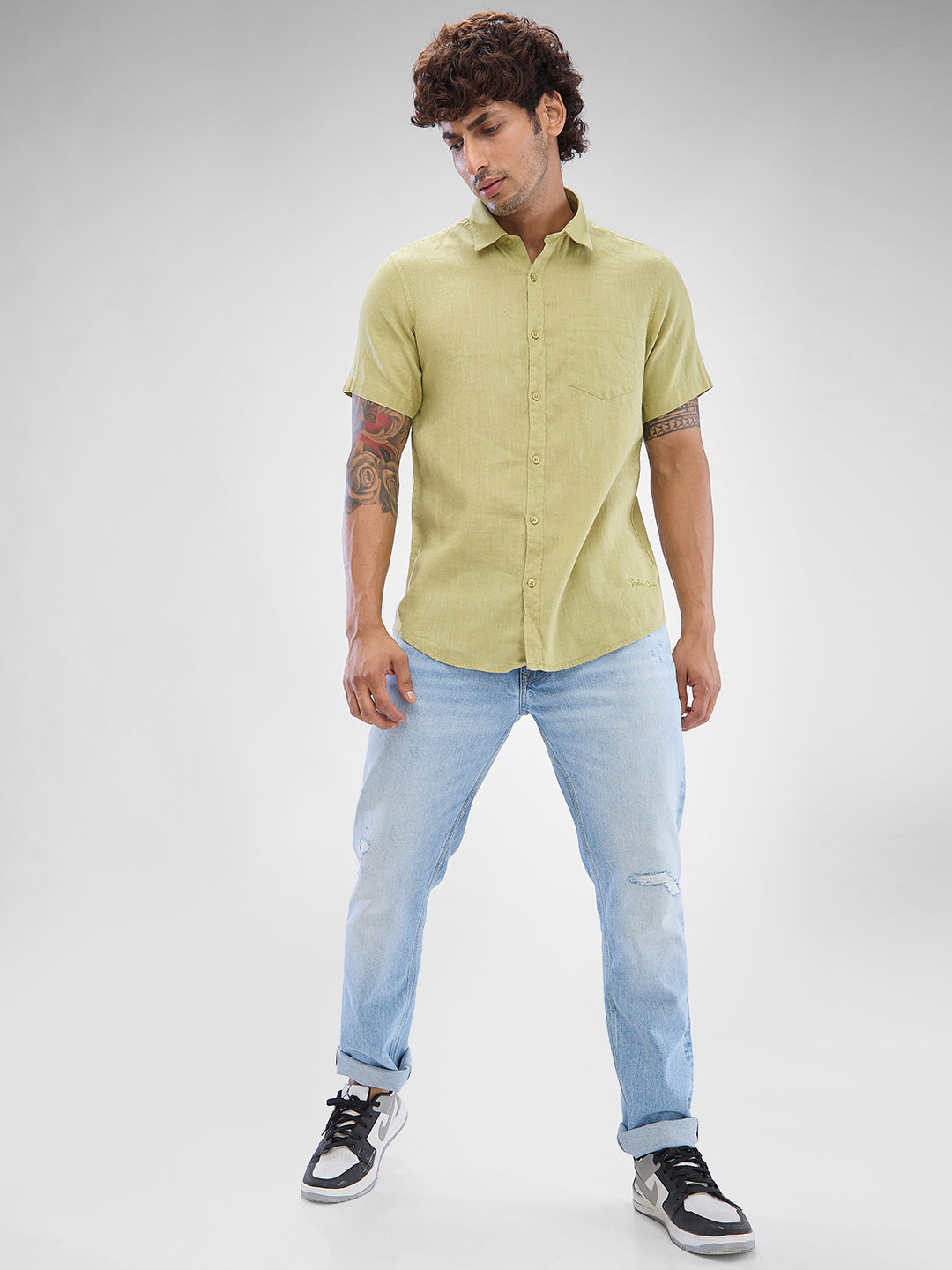 Spykar Beechnut Green Linen Half Sleeve Raised Collar Shirt For Men