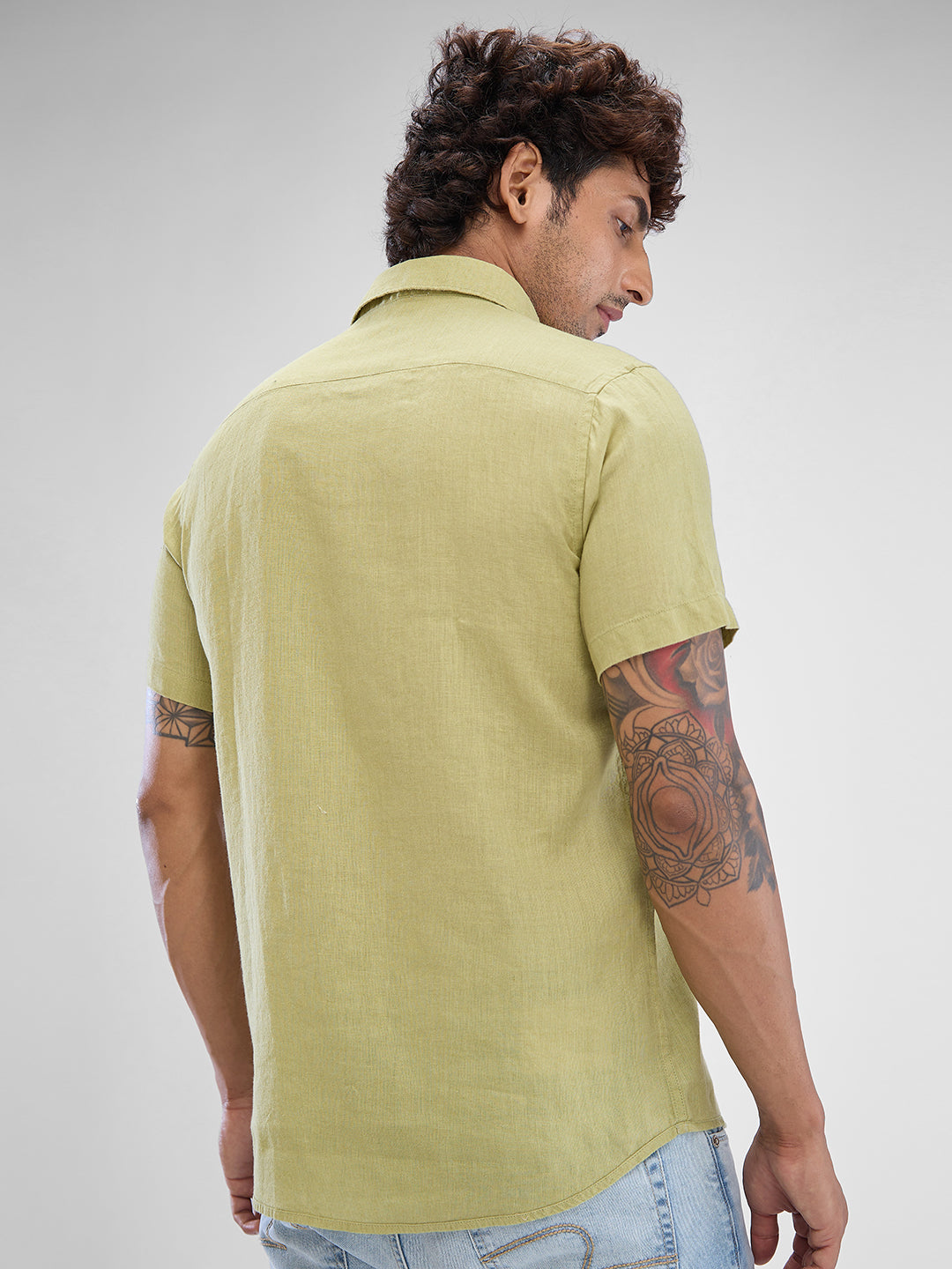 Spykar Beechnut Green Linen Half Sleeve Raised Collar Shirt For Men