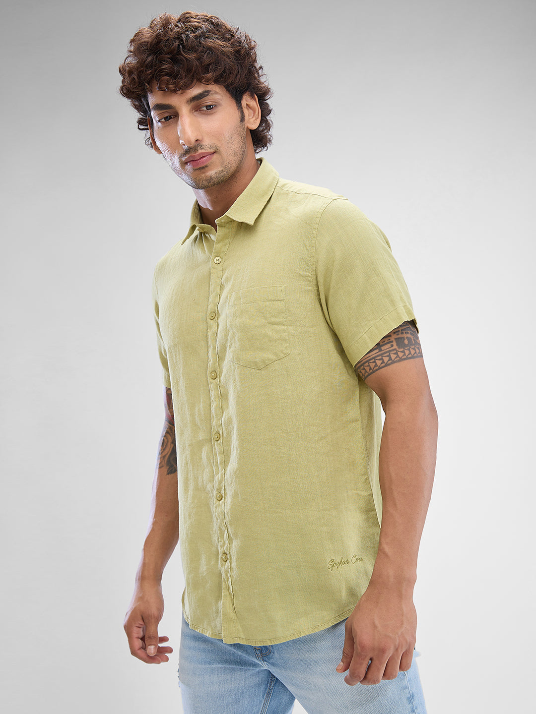 Spykar Beechnut Green Linen Half Sleeve Raised Collar Shirt For Men