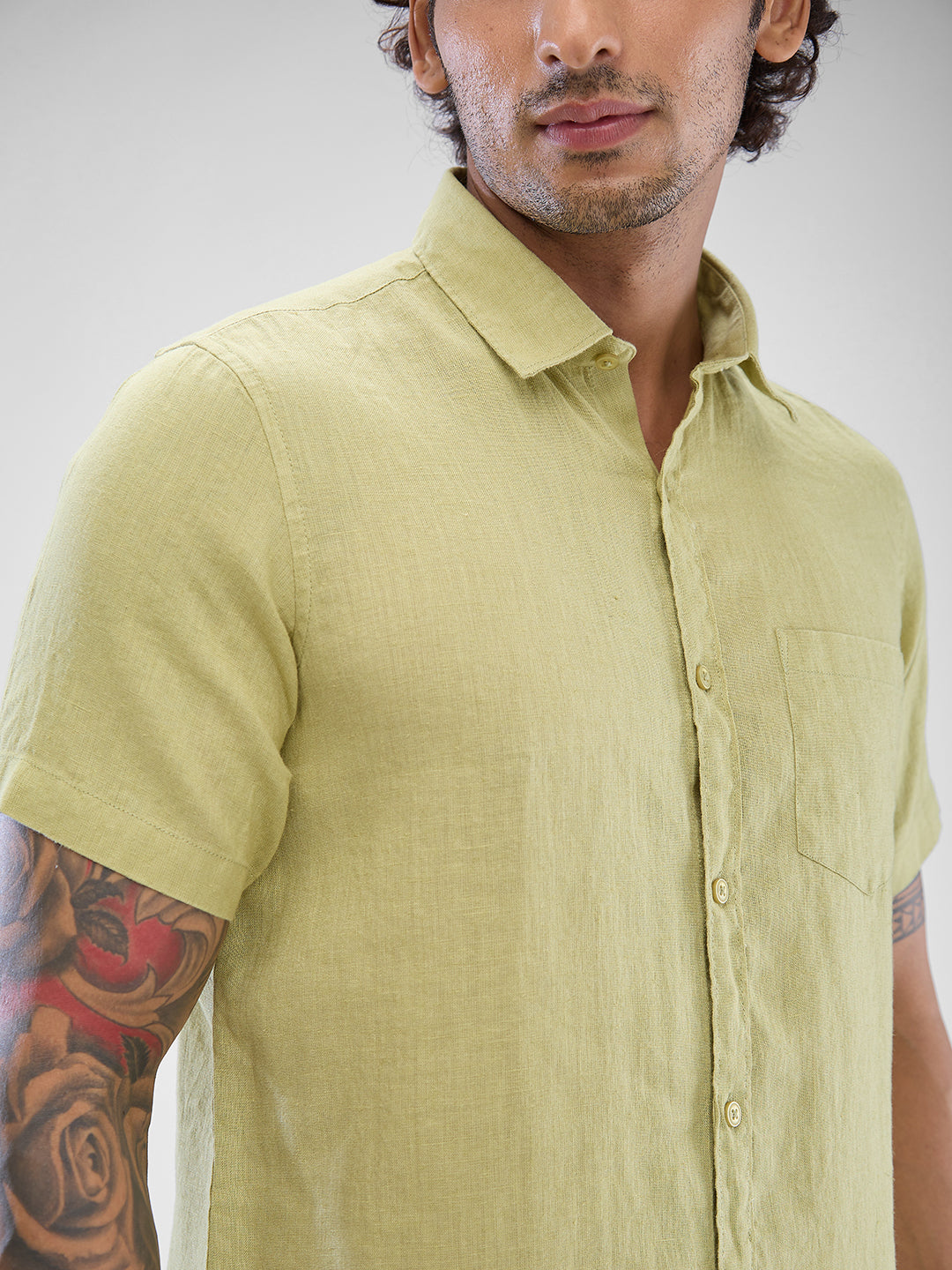 Spykar Beechnut Green Linen Half Sleeve Raised Collar Shirt For Men