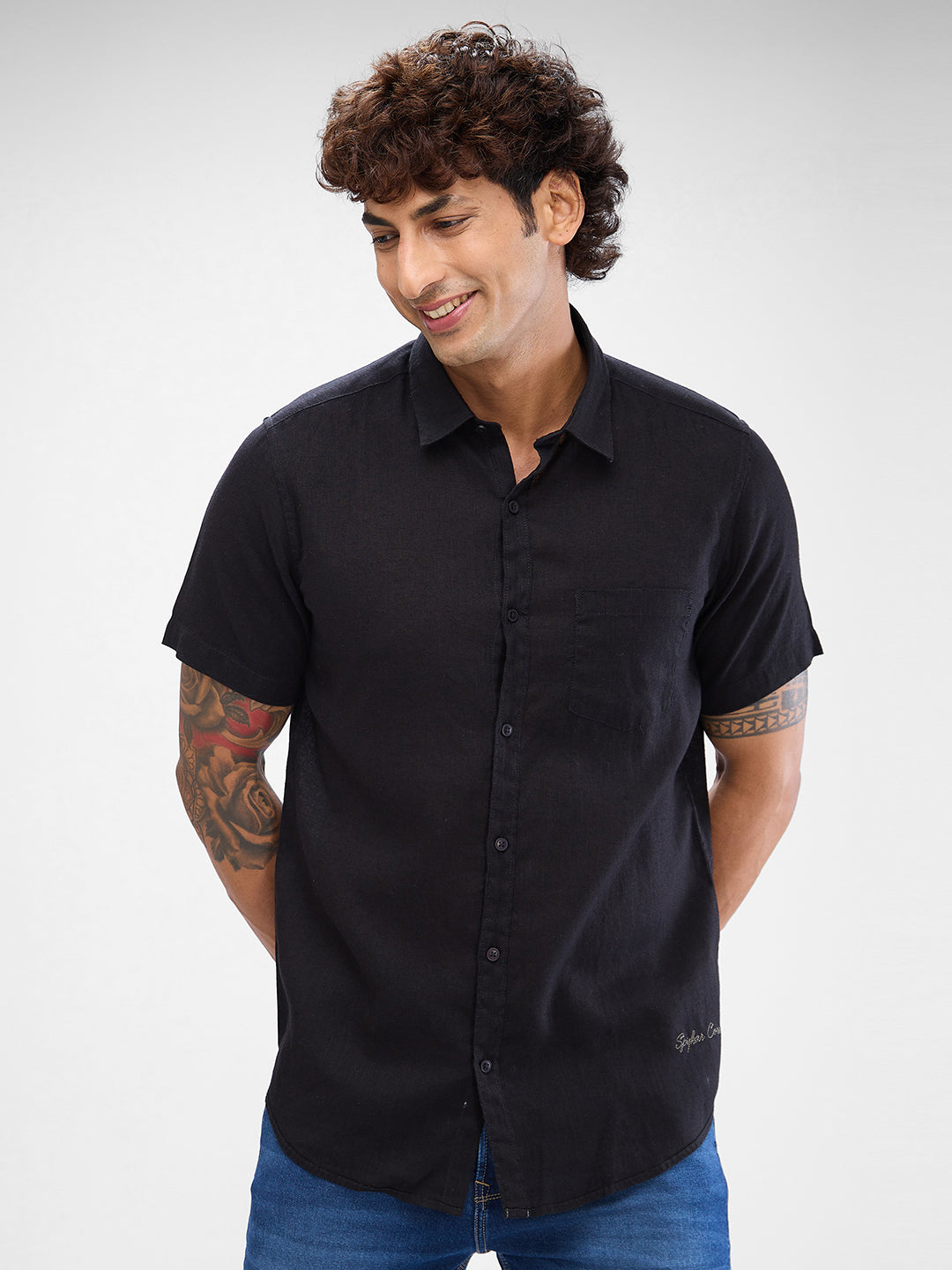 Spykar Black Linen Half Sleeve Shirt For Men