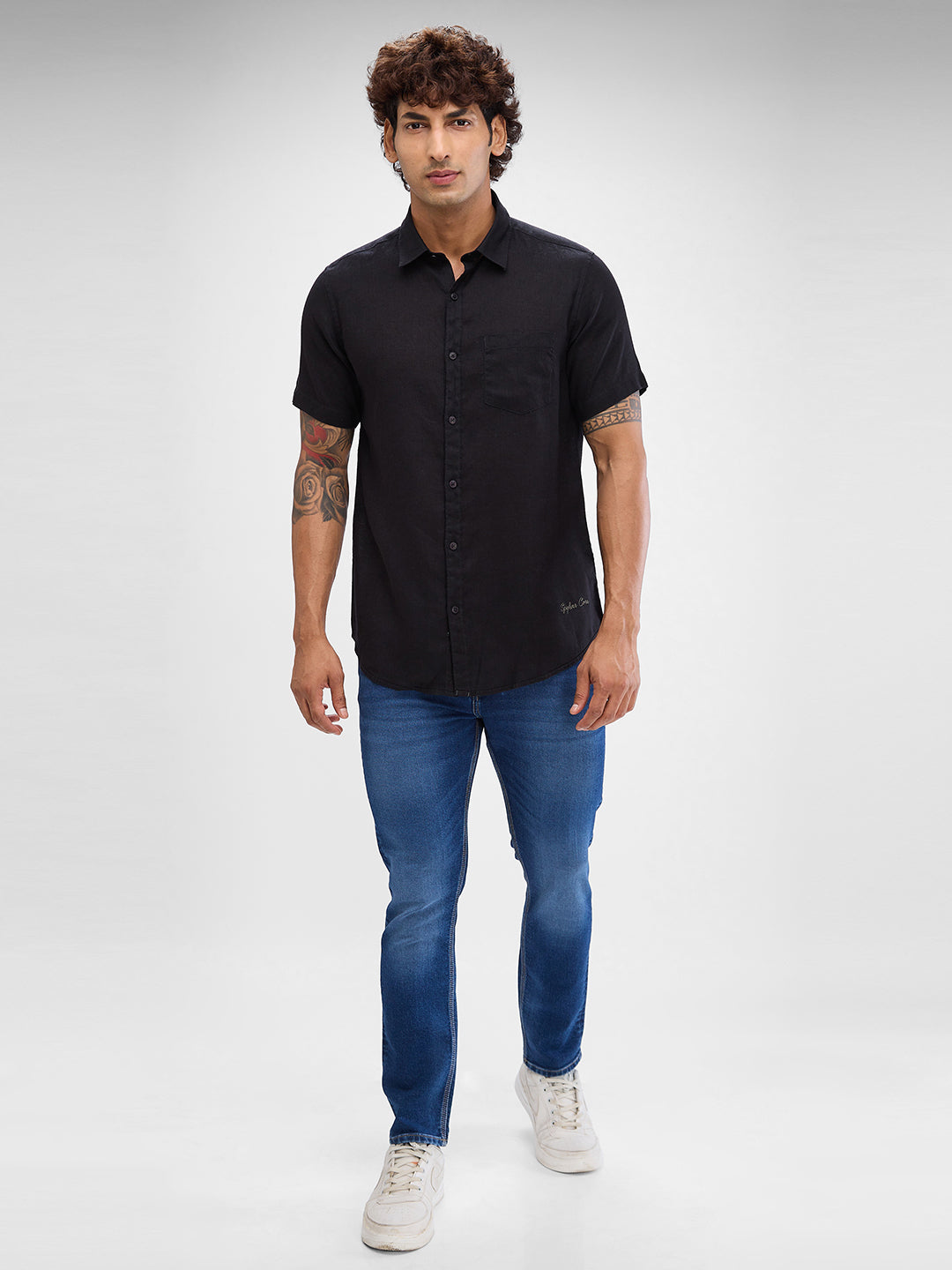 Spykar Black Linen Half Sleeve Shirt For Men