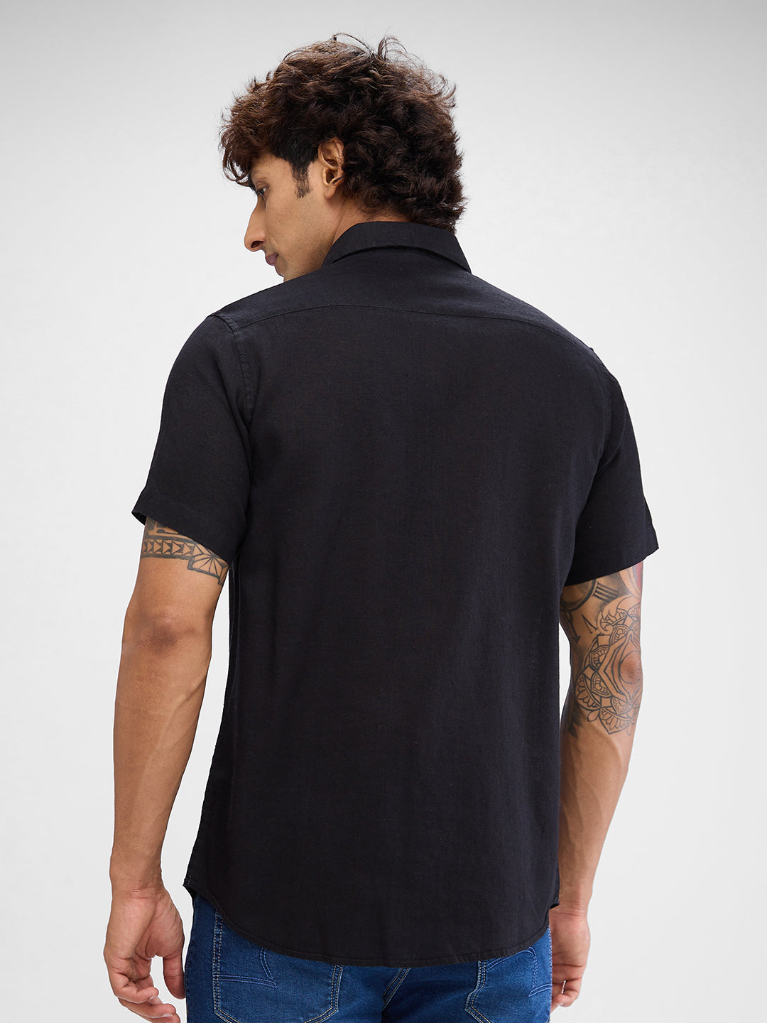 Spykar Black Linen Half Sleeve Shirt For Men