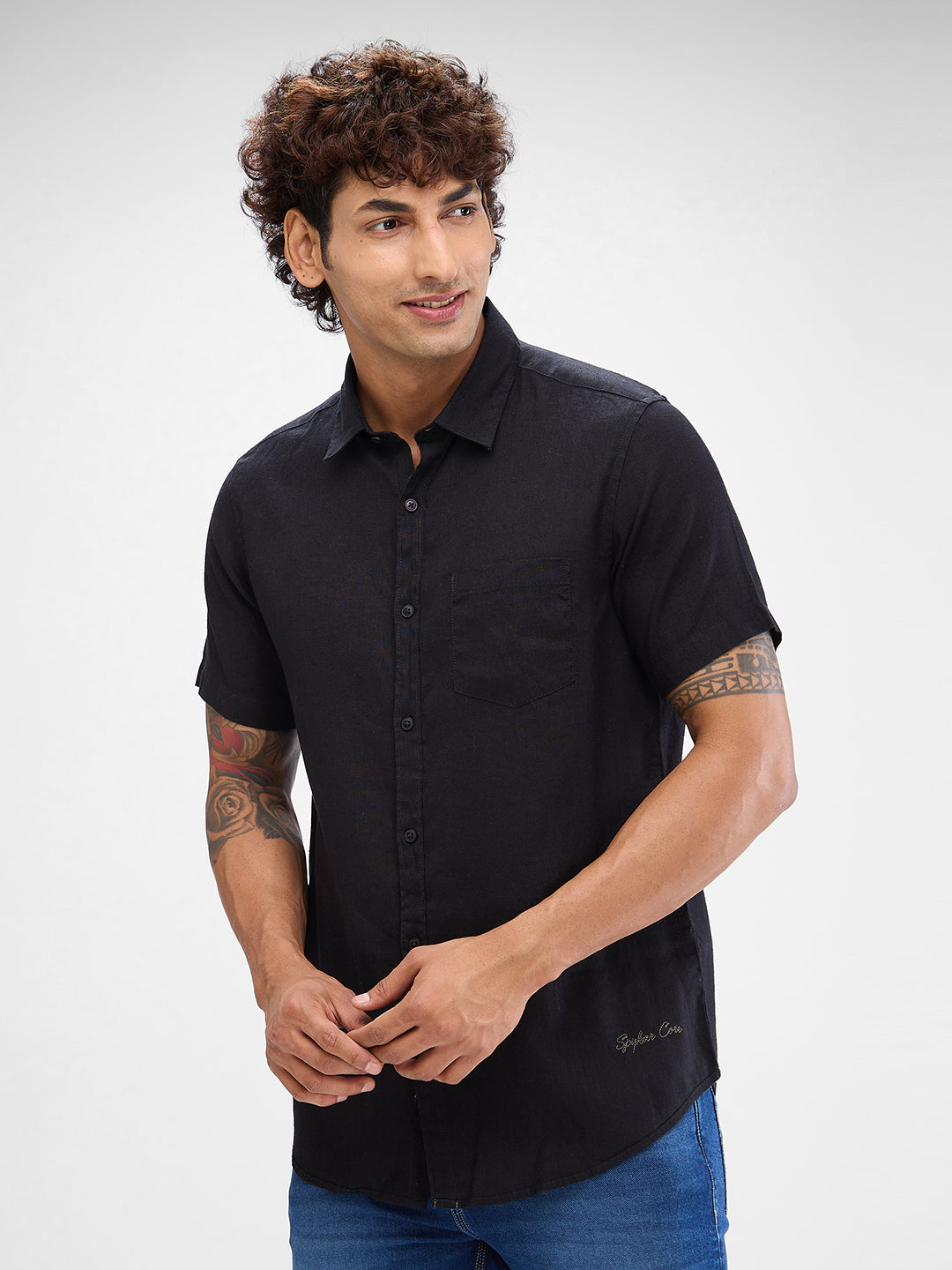 Spykar Black Linen Half Sleeve Shirt For Men