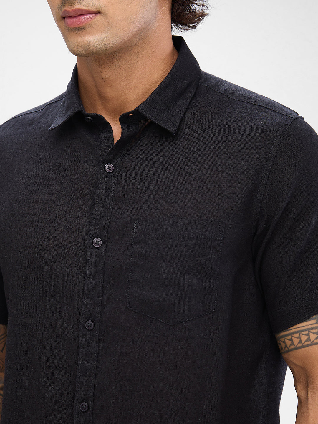 Spykar Black Linen Half Sleeve Shirt For Men