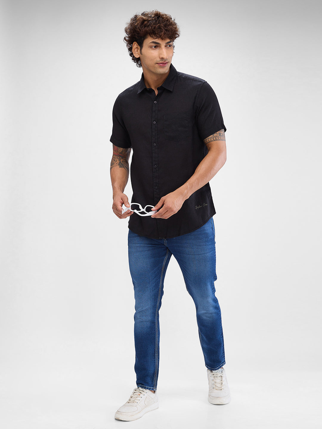 Spykar Black Linen Half Sleeve Shirt For Men