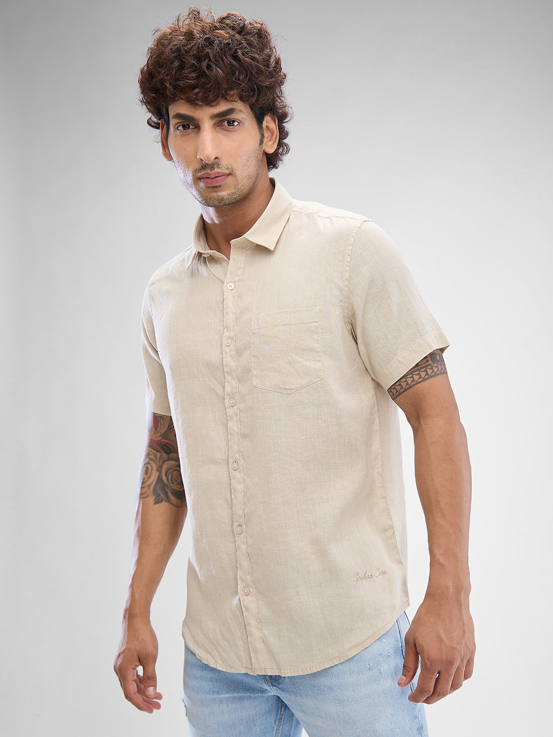 Spykar Cream White Linen Half Sleeve Raised Collar Shirt For Men