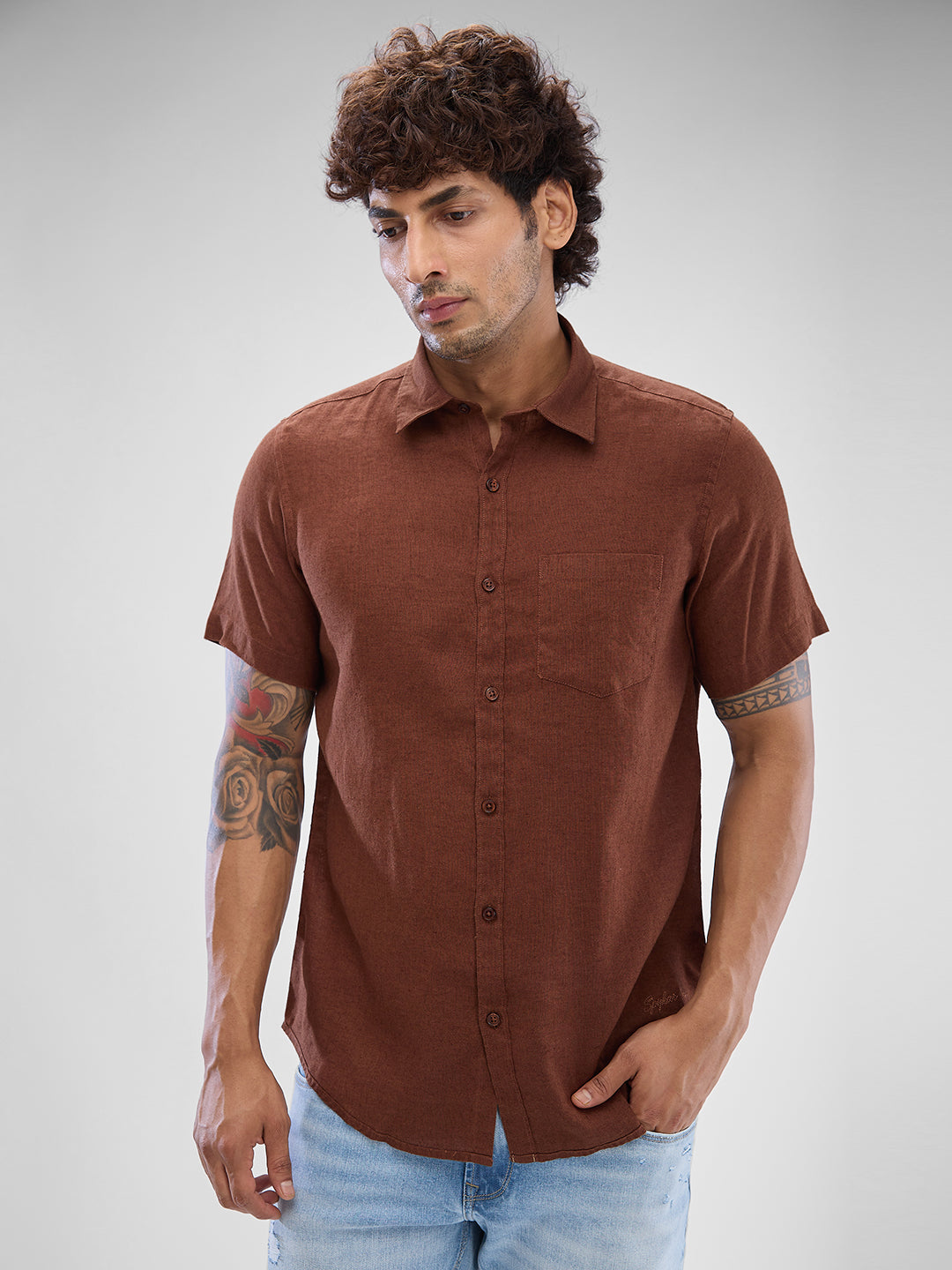 Spykar Friar Brown Linen Half Sleeve Raised Collar Shirt For Men