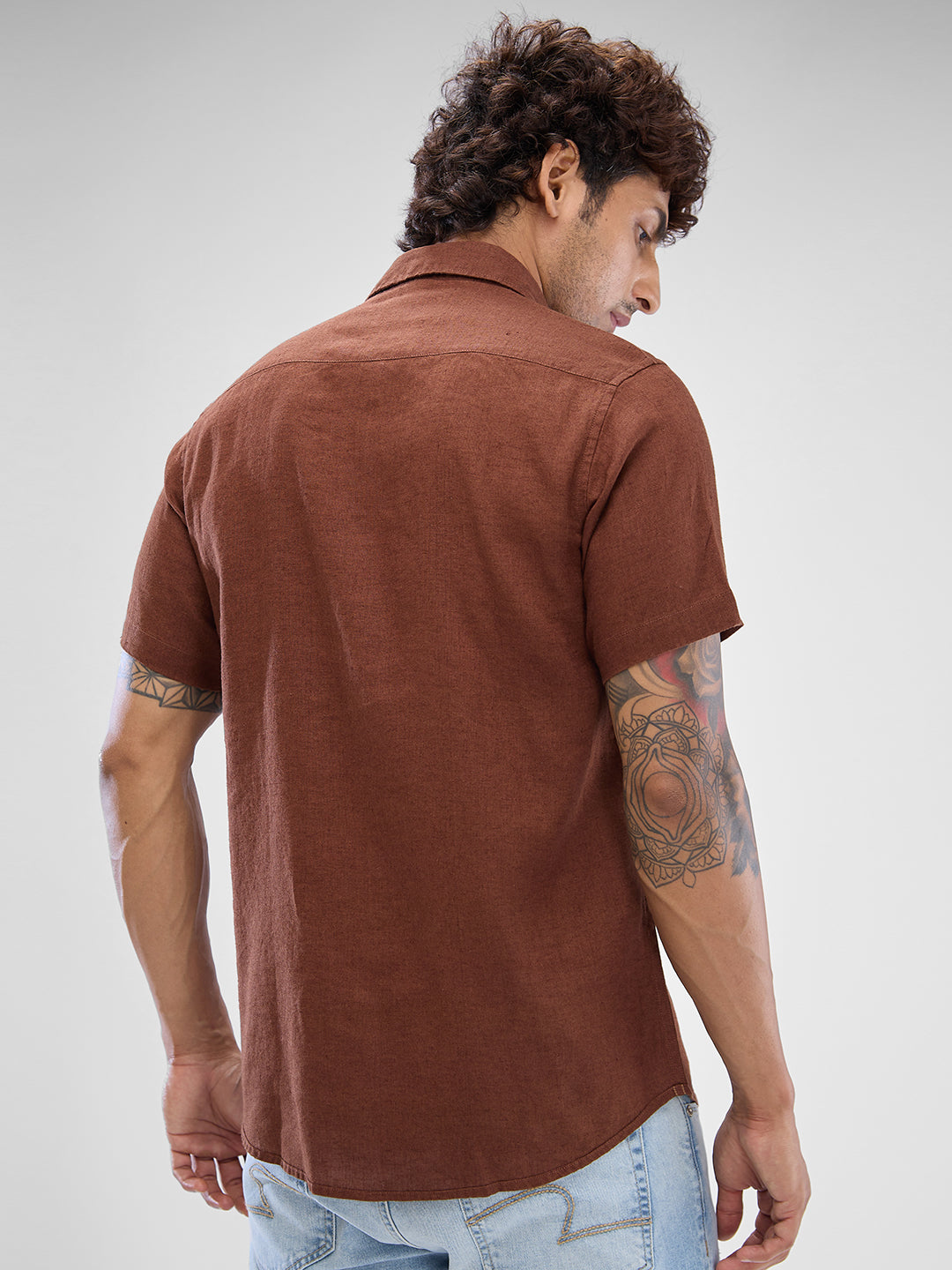 Spykar Friar Brown Linen Half Sleeve Raised Collar Shirt For Men