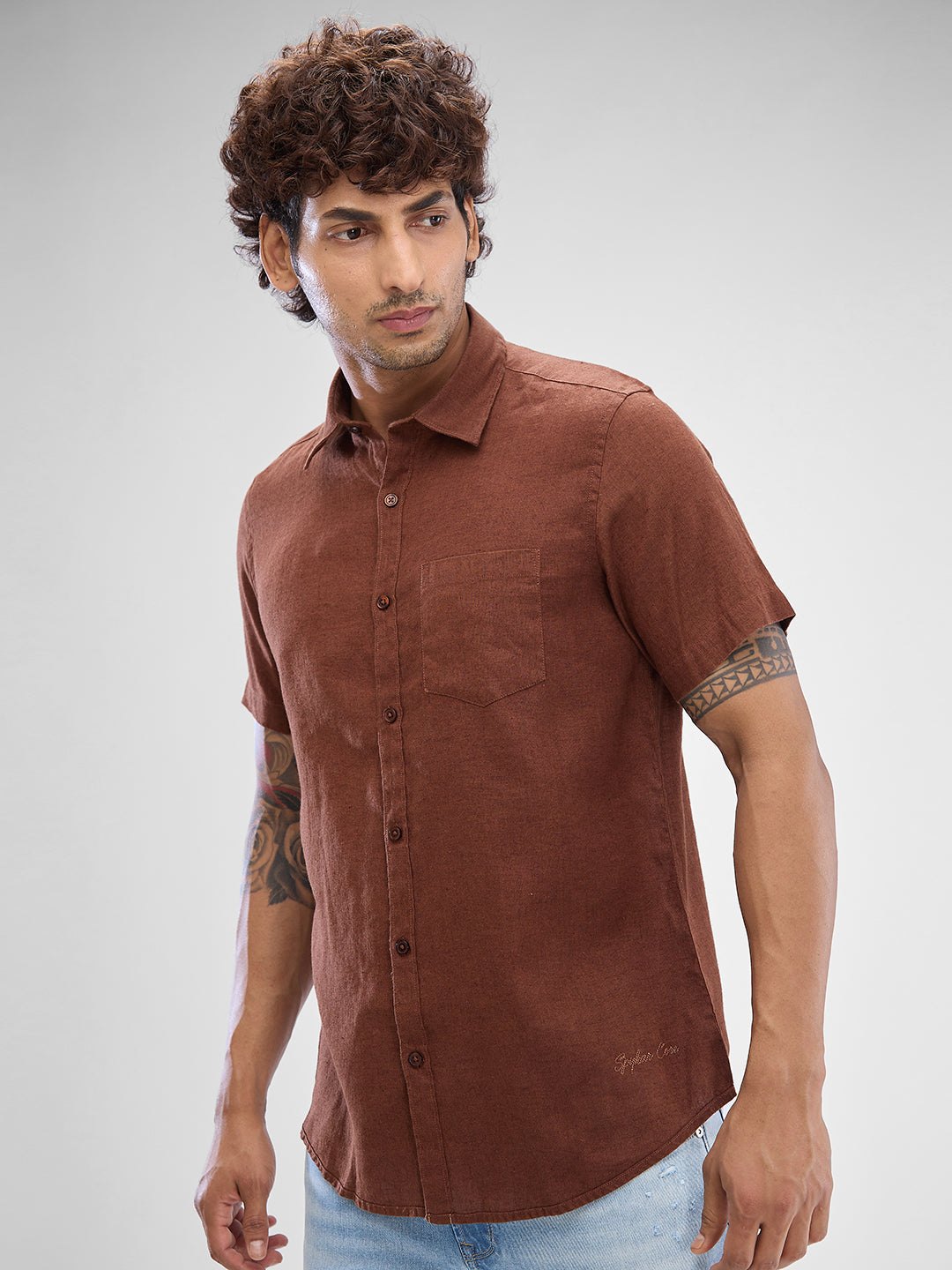 Spykar Friar Brown Linen Half Sleeve Raised Collar Shirt For Men