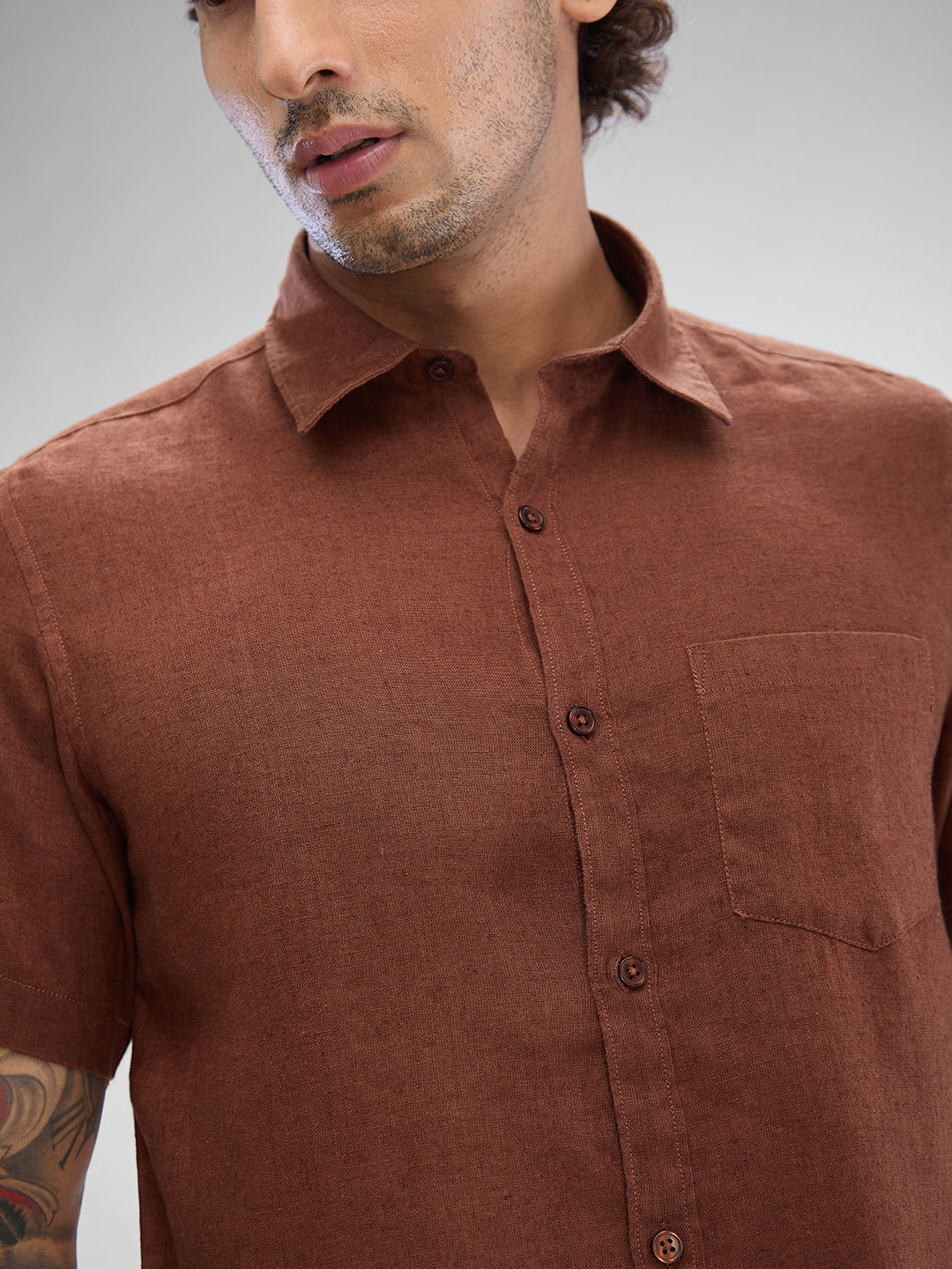 Spykar Friar Brown Linen Half Sleeve Raised Collar Shirt For Men