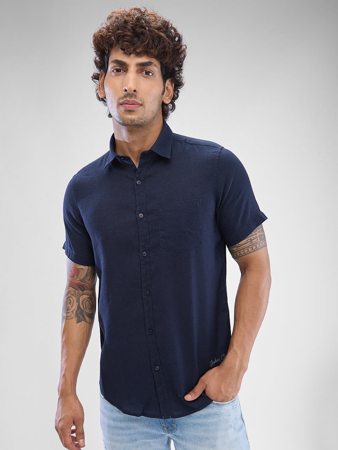 Spykar Navy Blue Linen Half Sleeve Shirt For Men