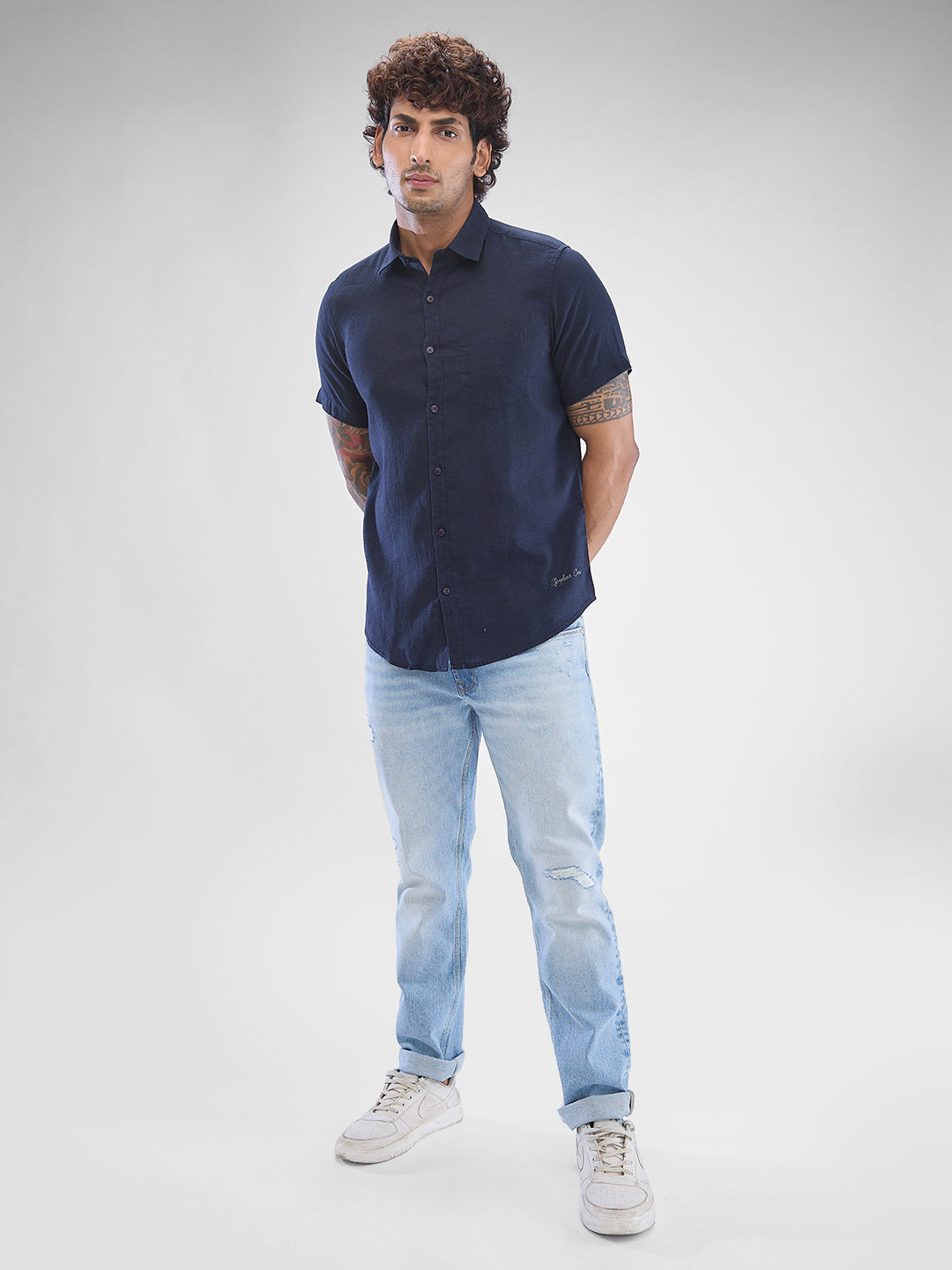 Spykar Navy Blue Linen Half Sleeve Shirt For Men