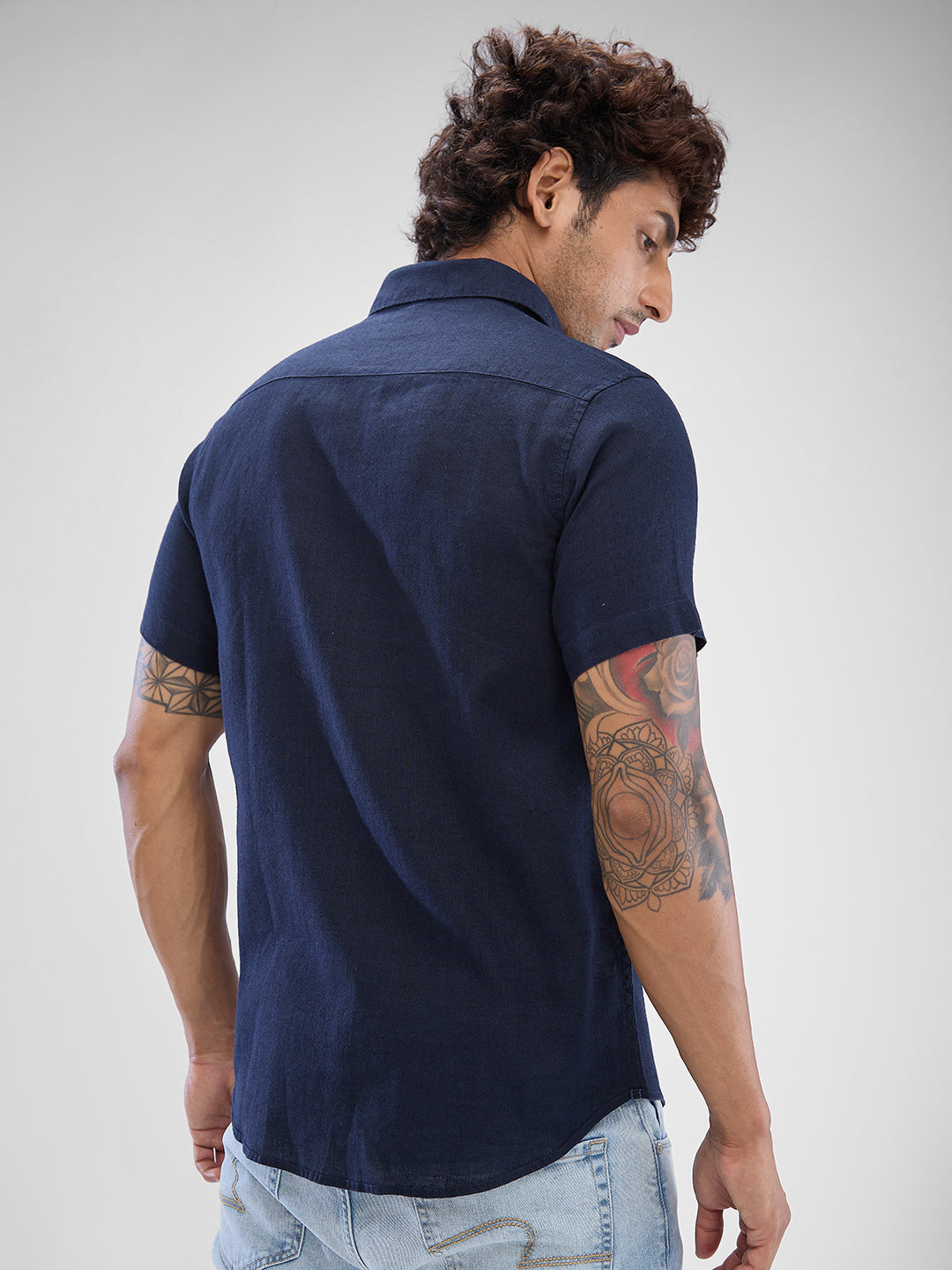 Spykar Navy Blue Linen Half Sleeve Shirt For Men