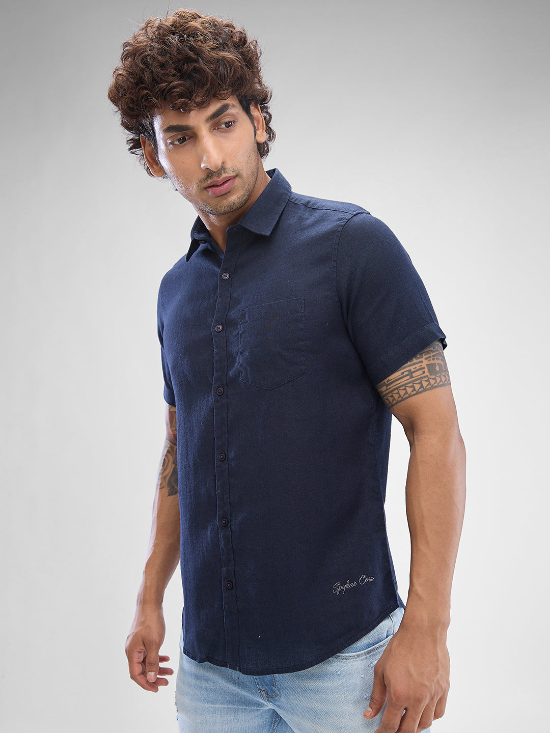 Spykar Navy Blue Linen Half Sleeve Shirt For Men